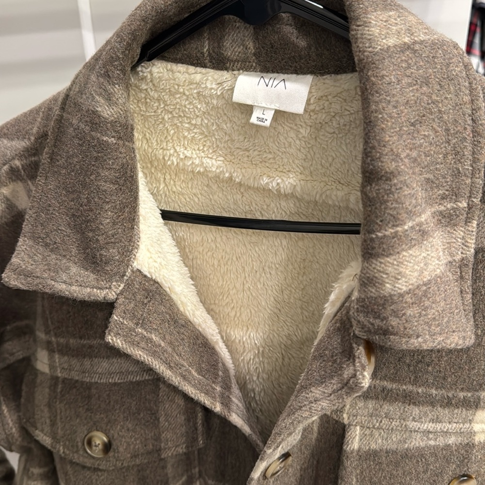 NIA Topanga Brown Plaid Flannel Warm Sherpa Lined Shirt Jacket Shacket